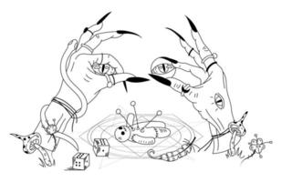Hexenhände und Voodoo-Puppe. mystische handgezeichnete Doodle-Vecton-Illustration vektor