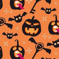 Süßes, handgezeichnetes Halloween-Muster mit Kürbissen und Fledermaus für Druck und Design. isolierte Vektorgrafik im Cartoon-Stil vektor