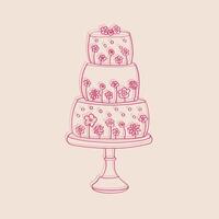 diese Zeichnung zeigt ein dreistufig Kuchen geschmückt mit zart Blumen. das Kuchen ist aufwendig detailliert, präsentieren Schichten von Glasur und dekorativ blüht im ein charmant Design vektor