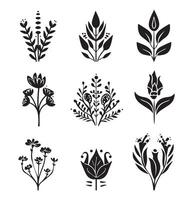 vektor stor uppsättning av annorlunda svart växter och blommor skisser silhuetter mönster klotter skiss för tatuering vektor platt