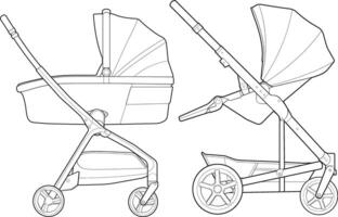 Bündelung einstellen von Gliederung Vektor Baby Kinderwagen isoliert auf Weiß Hintergrund. Vektor Illustration von ein skizzieren Stil.