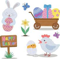 en uppsättning av påsk illustrationer. söt barns ritningar för påsk. en uppsättning av enkel illustrationer med blommor, fjärilar, en fågel, en festlig korg och ägg. de påsk kanin. vektor