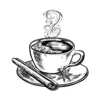 en kopp av varm kaffe med kanel och anis stjärna. de vektor svart och vit illustration är ritad för hand på en vit isolerat bakgrund. för utskrift, menyer, vykort och paket. för banderoller, flygblad