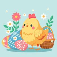 Lycklig påsk kort med kyckling och ägg platt stil vektor