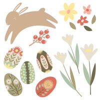 glücklich Ostern Vektor Illustration mit Eier, Hase, Blumen.