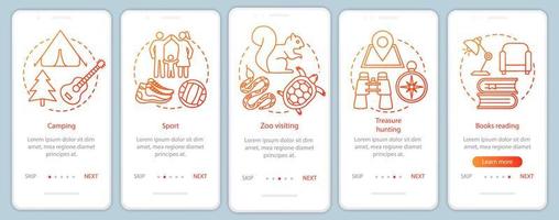 Familienzeit zusammen Onboarding mobiler App-Seitenbildschirm mit linearen Konzepten. Zoobesuch. fünf Schritt-für-Schritt-Grafikanweisungen. Sport und Camping. ux, ui, GUI-Vektorvorlage, Illustrationen vektor