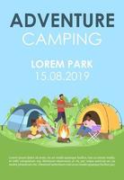 Abenteuercamping-Broschürenvorlage. Tourismusflyer, Broschüre, Broschürenkonzept mit flachen Illustrationen. Vektorseitenlayout für das Magazin. Einladung zur Werbung im Freien mit Textraum vektor