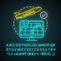 Symbol für Neonlicht der Abfahrtsstadt. Flugzeug fliegt auf. reisen und reisen. Ausgangspunkt, Route. Zielland. leuchtendes Schild mit Alphabet, Zahlen und Symbolen. isolierte Vektorgrafik vektor