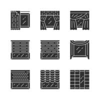 Jalousie und Vorhänge Glyph-Symbole gesetzt. zellulare Jalousien, Fensterbehandlungsset, Schal, Liner. Zuhause, Büroeinrichtung. Wohnzimmerdekoration. Silhouette-Symbole. isolierte Vektorgrafik vektor