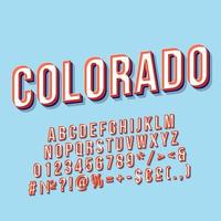 Colorado Vintage 3D-Vektor-Schriftzug. Retro-fette Schriftart, Schriftart. Stilisierter Text der Pop-Art. Buchstaben, Zahlen, Symbole, Elemente im alten Schulstil. 90er, 80er Jahre Poster, Banner. himmelfarbener hintergrund vektor