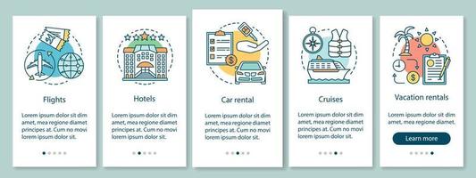 Reiseplaner Onboarding mobiler App-Seitenbildschirm mit linearen Konzepten. Hotel, Flug, Kreuzfahrt, Ferienwohnungen Walkthrough Schritte grafische Anweisungen. ux, ui, gui-Vektorvorlage mit Illustrationen vektor