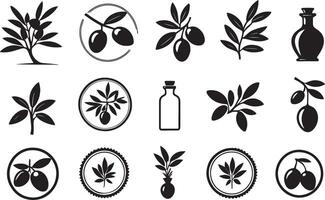 Olive Vektor Symbol, Öl Flasche . Mittelmeer Olive Früchte, Blatt Zweig, schwarz Silhouetten isoliert auf Weiß Hintergrund. Essen Illustration