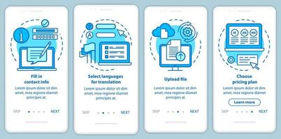 Übersetzungsdienst blauer Onboarding-Seitenbildschirm für mobile Apps mit linearen Konzepten. Datei hochladen, Preisplan auswählen Schritt für Schritt grafische Anweisungen. ux, ui, gui-Vektorvorlage mit Illustrationen vektor