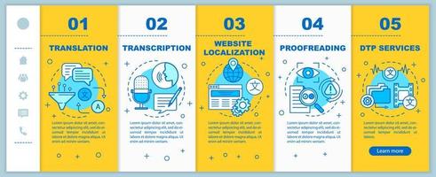 Textdienste beim Onboarding mobiler Webseiten Vektorvorlage. Übersetzung. reaktionsschnelle Smartphone-Website-Schnittstellenidee mit linearen Illustrationen. Schrittbildschirme für die Website-Walkthrough-Schritte. Farbkonzept vektor