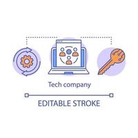 Symbol für das Konzept des Technologieunternehmens. IT-Industrie, Idee der Unternehmenskooperation, dünne Linie Illustration. modernes Geschäft. Ausrüstung, Laptop und kryptografischer Schlüsselvektor isolierte Umrisszeichnung. bearbeitbarer Strich vektor