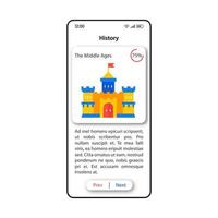 Geschichte für Schüler Smartphone-Schnittstellenvektorvorlage. weißes Design-Layout der mobilen App-Seite. Kapitel Bildschirm des Mittelalters. flache ui für die anwendung. Unterrichtsmaterialien Telefondisplay vektor