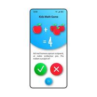 Kinder-Mathematik-Smartphone-Schnittstellenvektorvorlage. weißes und blaues Design-Layout der mobilen App-Seite. Rechenspielbildschirm. flache ui für die anwendung. Kindern das Zählen des Telefondisplays beibringen vektor