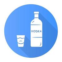 Wodka blau flaches Design lange Schatten Glyphe Symbol. Flasche und Schnapsglas mit Getränk. klares destilliertes alkoholisches Getränk, das zum Trinken und in Cocktails konsumiert wird. Vektor-Silhouette-Abbildung vektor