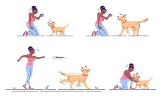 Frau spielt mit Hund flache Vektorgrafiken eingestellt. aktive Freizeit. glückliches afroamerikanisches Mädchen und treuer verspielter Welpe isolierte Zeichentrickfiguren mit Umrisselementen auf weißem Hintergrund vektor