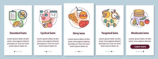 Arten von Keto-Diäten beim Onboarding des Bildschirms der mobilen App mit linearen Konzepten. ketogene Mahlzeit, gesunde Ernährung. kohlenhydratarme lebensmittel Walkthrough Schritte grafische Anweisungen. ux, ui, GUI-Vektorvorlage