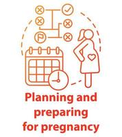 Planung und Vorbereitung der Schwangerschaft rotes Konzeptsymbol. Zukünftige Mutteridee dünne Linie Illustration. Kalendermethode, Eisprung, Mutterschaft. geplante Elternschaft. Vektor isolierte Umrisszeichnung