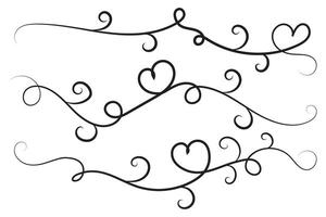 filigran lockigt calligraphic hjärta, fint linje krusidullar virvlar hjärtan, kurva romantisk kärlek tecken, valentines dag delare frodas virvla runt, kalligrafi frodas text rubrik hjärtan skrolla vektor