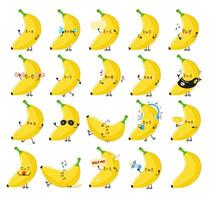 komisch Banane Zeichen bündeln Satz. Vektor Hand gezeichnet Gekritzel Stil Karikatur Charakter Illustration Symbol Design. süß Banane Maskottchen Charakter Sammlung