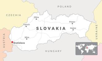 Slowakei politisch Karte mit Hauptstadt Bratislava, die meisten wichtig Städte und National Grenzen vektor