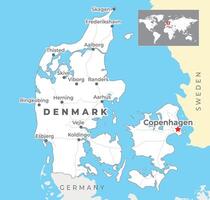 Dänemark Karte mit Hauptstadt Kopenhagen, die meisten wichtig Städte und National Grenzen vektor