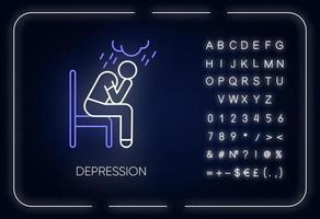 Depression Neonlicht-Symbol. trauriger und besorgter Mann. weinender Mensch. chronische Erschöpfung und Müdigkeit. Psychische Störung. leuchtendes Schild mit Alphabet, Zahlen und Symbolen. isolierte Vektorgrafik vektor