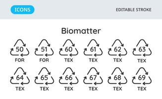 Biomaterie Recycling Codes Symbole. dreieckig Umwelt Symbole von Materialien. einstellen von Elemente auf ein Weiß Hintergrund. editierbar Schlaganfall. vektor