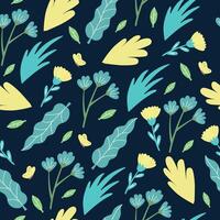vektor blommig mönster i klotter stil med gul och blå blommor och fjärilar. vår blommig modern bakgrund.