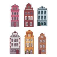 flerfärgad hus i de stil av amsterdam, prag. vektor uppsättning - europeisk gammal stad. europeisk arkitektur. stiliserade fasader av gammal byggnader.