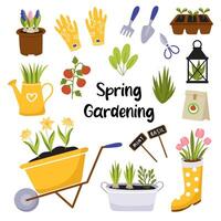 vår trädgårdsarbete uppsättning av element. trädgårdsarbete verktyg, plantering, blommor, Tillbehör. vektor