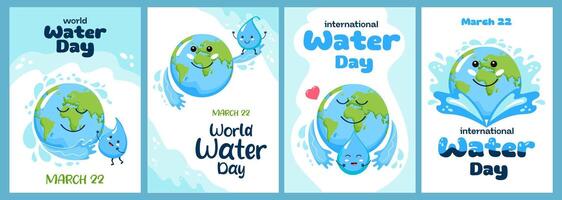 Welt Wasser Tag. einstellen von bunt Vektor Plakate. süß Zeichen Planet Erde und ein fallen von Wasser.