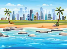 Ozean Strand Panorama mit Felsen auf das Strand und Stadtbild Sicht. tropisch Strand mit Stadt Landschaft Hintergrund Karikatur Illustration vektor