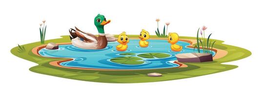 Ente und wenig Entenküken Schwimmen im das Teich. Vektor Karikatur Illustration isoliert auf Weiß Hintergrund