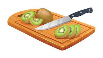 geschnitten Kiwi Früchte mit Messer auf hölzern Schneiden Tafel. Vektor Karikatur Illustration