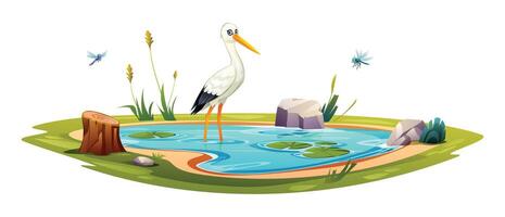 naturlig damm med vit stork och trollsländor. vektor tecknad serie illustration