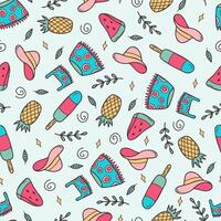 sömlös mönster med ananas, vattenmelon, is, kjol, topp, och hatt. sommar söt bakgrund. för skriva ut, vykort, design meny, textil, affisch, textil- eller reklam. stock vektor illustration.
