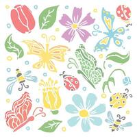 Frühling Blumen- Illustration mit Blumen, Schmetterlinge, Bienen und Marienkäfer. Gekritzel Blumen Hintergrund vektor