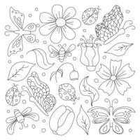 Frühling Blumen- Illustration mit Blumen, Schmetterlinge, Bienen und Marienkäfer. Gekritzel Blumen Hintergrund vektor