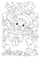 tigern är årets symbol i en påse med presenter och godis. målarbok sida för barn. seriefigur. vektor illustration isolerad på vit bakgrund.