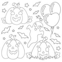 Set von Elementen für Halloween-Kürbisse, Geister, Fledermäuse. Malbuchseite für Kinder. Zeichentrickfigur. Vektor-Illustration isoliert auf weißem Hintergrund. vektor