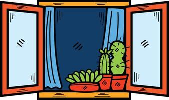 Hand gezeichnet Fenster und Kaktus im eben Stil vektor
