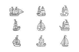 hand dragen segelbåt eller fiske båt i platt stil vektor