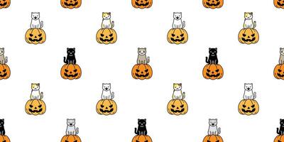 Katze nahtlos Muster Halloween Kürbis Kätzchen Vektor wiederholen Hintergrund Geist Schal isoliert Fliese Hintergrund Karikatur Charakter Illustration Gekritzel Design