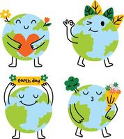 tecknad serie söt maskot jord med Lycklig uttryck jord dag uppsättning illustration vektor