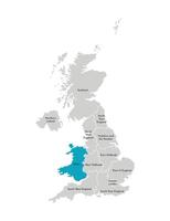 vektor isolerat illustration av förenklad administrativ Karta av de förenad rike, Storbritannien. blå form av Wales. gränser och namn av de regioner. grå silhuetter. vit översikt.