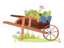 trädgård dekorativ skottkärra. vår Semester dekorerad vagn. vår landskap vektor illustration. Bra för inbjudan, vykort, social media.